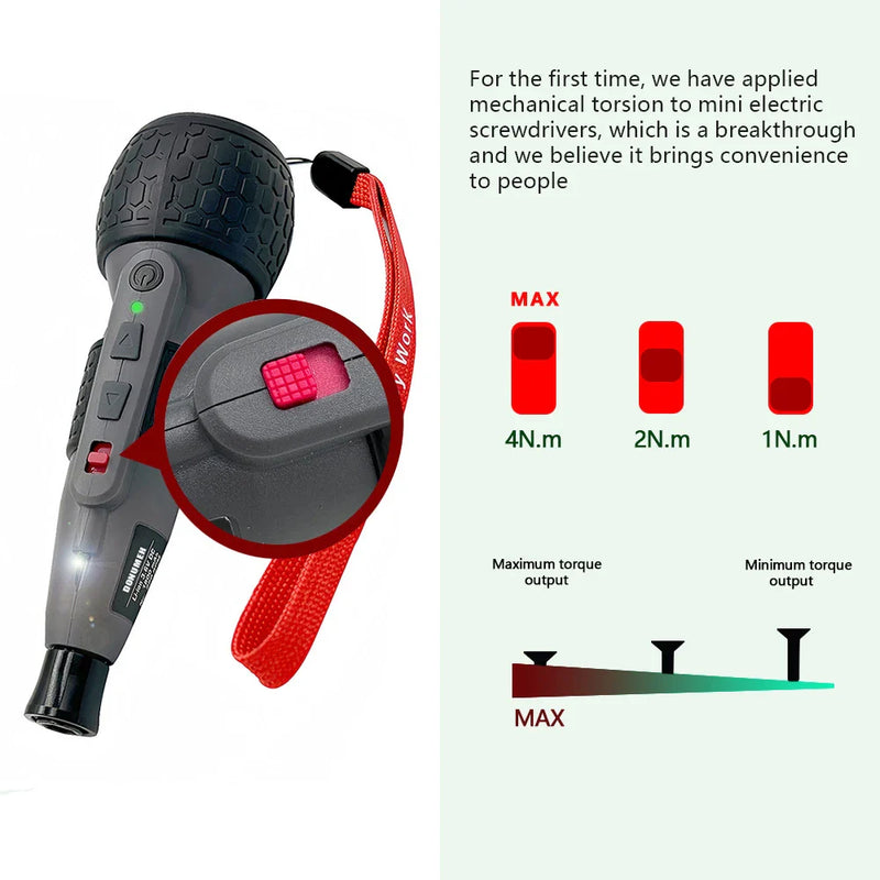 Potente mini cacciavite elettrico Mini trapano Coppia a 3 livelli Tipo C Luce a LED Stile penna Manutenzione domestica Facile per i principianti