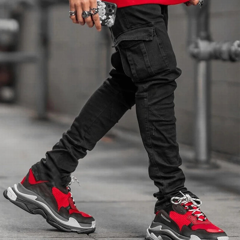 Jeans cargo da uomo Tsingyi in denim elasticizzato – slim fit a vita media, multitasche, casual primavera/autunno - Campeda