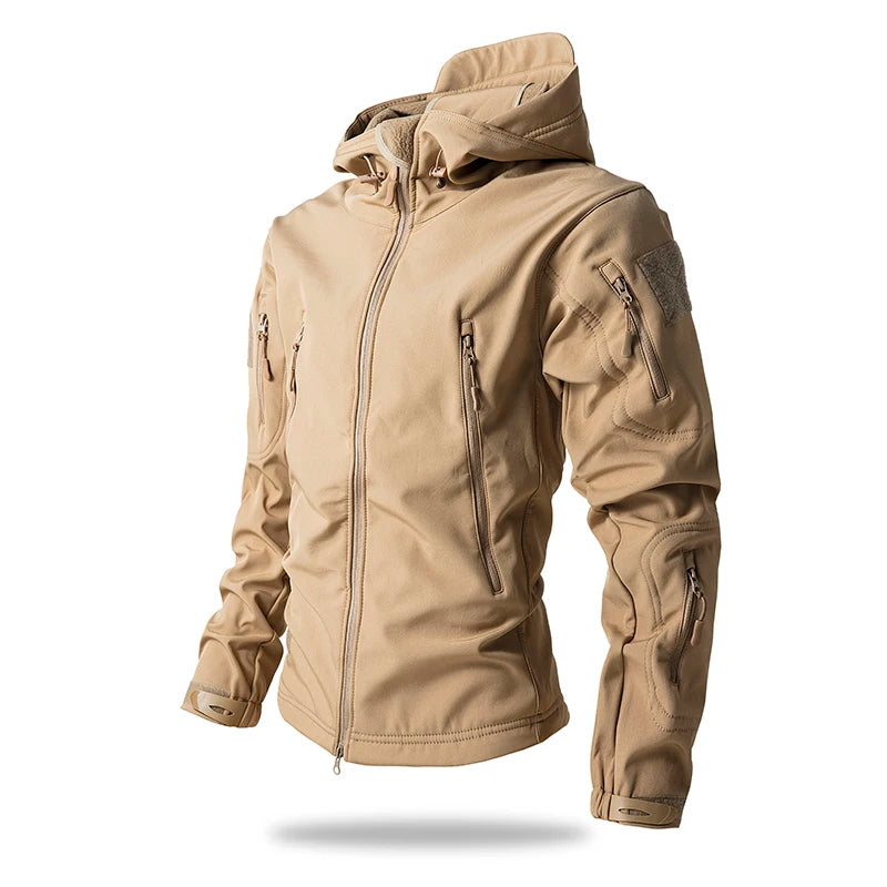giacca tattica Soft Shell da uomo in pile invernale con cappuccio cappotto caccia - Cachi S(45-55kgs)