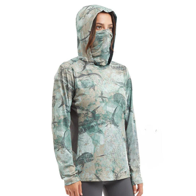 T-shirt da pesca Manica lunga donna Protezione UV Felpe con cappuccio Maschera