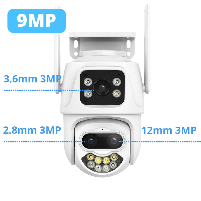 Telecamera Wifi da 9MP 6MP IP PTZ esterna Sicurezza Tre lenti Doppio schermo Ai Rilevazione umanoide Telecamera di sorveglianza con tracciamento automatico iCSee
