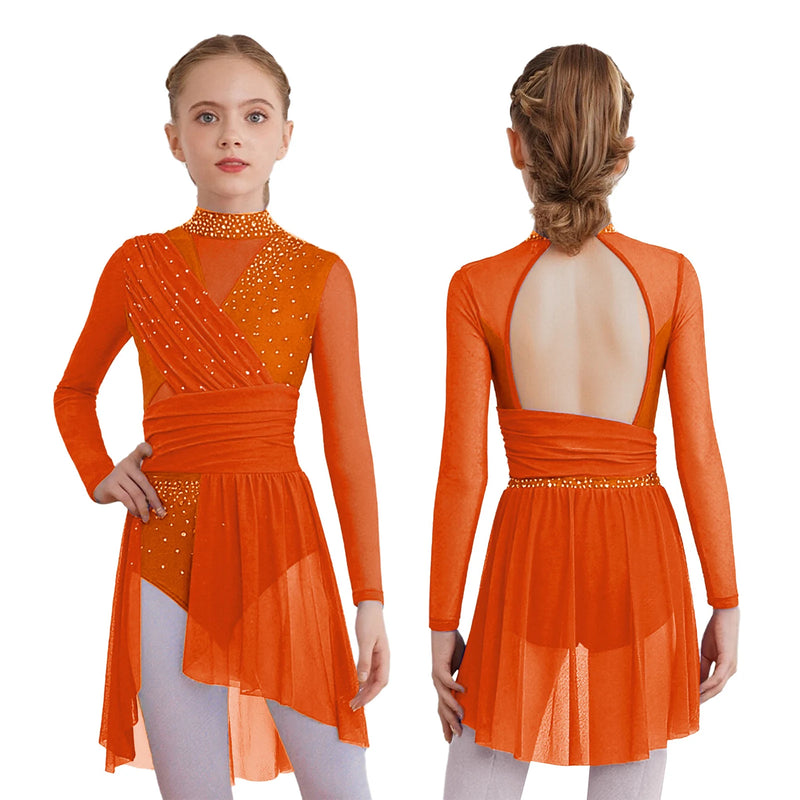 Vestito Danza Lirica Bambina con Strass – Body Balletto Elegante con Rete e Spacco Laterale