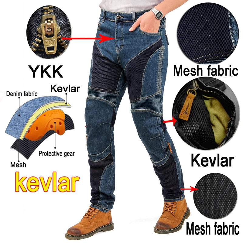 Jeans Moto Kevlar Uomo – Pantaloni Protettivi Anticaduta Antivento Resistenti all’Abrasione, Pantaloni Motocross Estivi