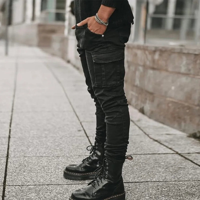 Jeans cargo da uomo Tsingyi in denim elasticizzato – slim fit a vita media, multitasche, casual primavera/autunno - Campeda