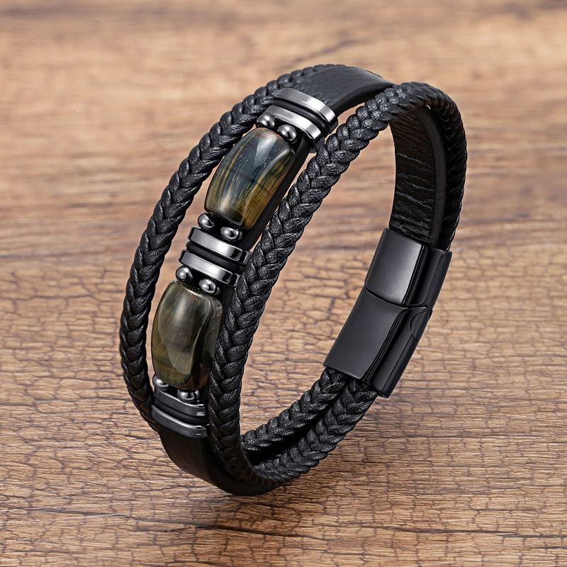 New Men's Natural Tiger Eye Stone Bracelet Hand-Woven Multilayer Braided Bracelet Stainless Steel Jewelry