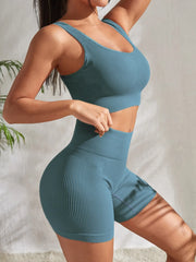 Set da yoga a costine senza cuciture allenamento per donna 2 pezzi Tute - immagine 13