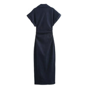 Abito midi denim donna ETJ 2025, vestito elegante con risvolto e cerniera laterale, vita slim antirughe stile primavera - Campeda