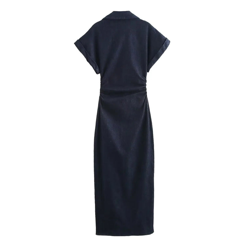 Abito midi denim donna ETJ 2025, vestito elegante con risvolto e cerniera laterale, vita slim antirughe stile primavera - Campeda