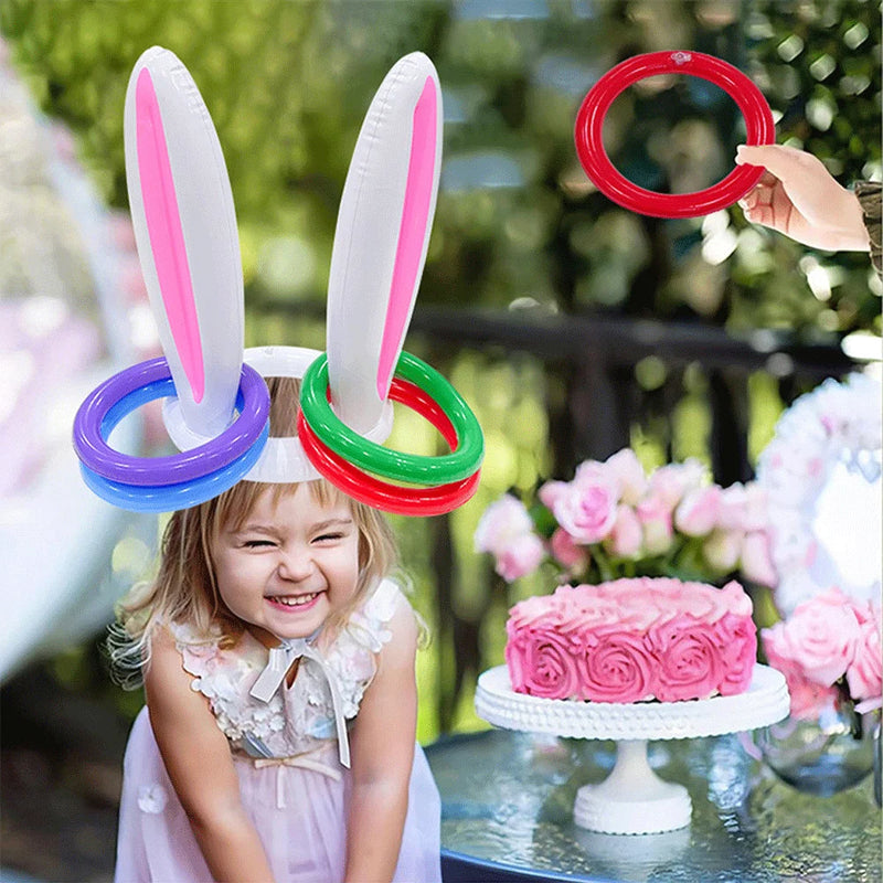 Set di Giochi Gonfiabili con Orecchie da Coniglio Pasquale, Gioco del Lancio dell'Anello per Feste in Giardino, Giochi Interattivi per Famiglia, Decorazioni Pasquali, Regalo per Bambini