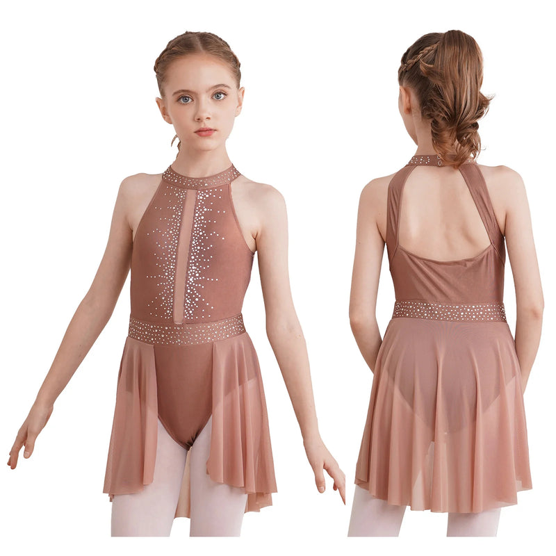 Vestito Danza Lirica Bambina con Strass – Body Balletto Elegante con Rete e Spacco Laterale