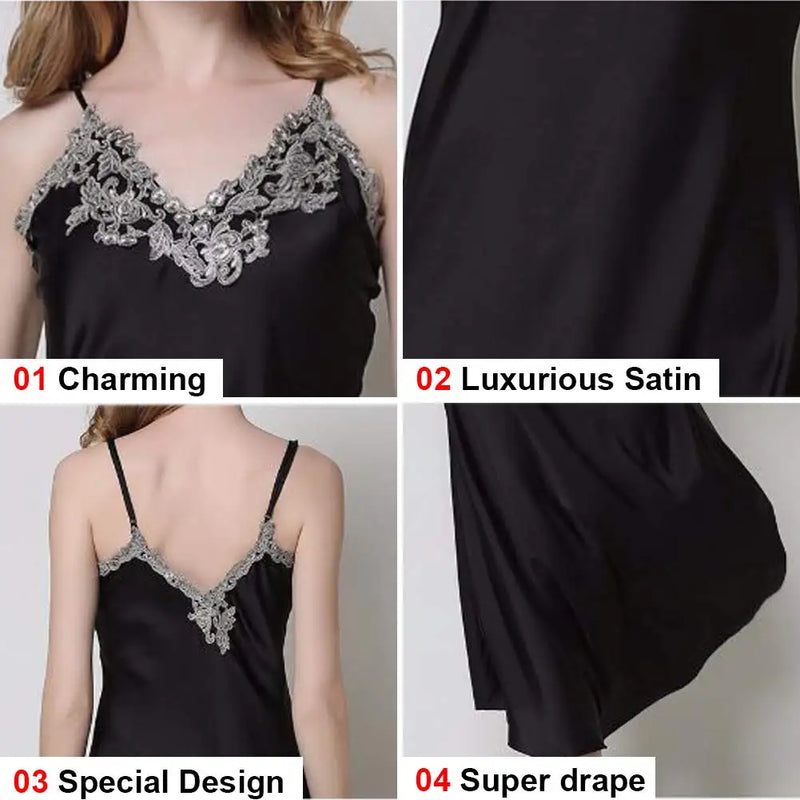 Camicia da notte donna Camicie in raso di pizzo Lingerie sexy lunga - immagine 7
