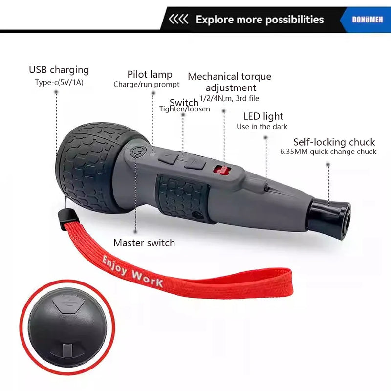 Potente mini cacciavite elettrico Mini trapano Coppia a 3 livelli Tipo C Luce a LED Stile penna Manutenzione domestica Facile per i principianti