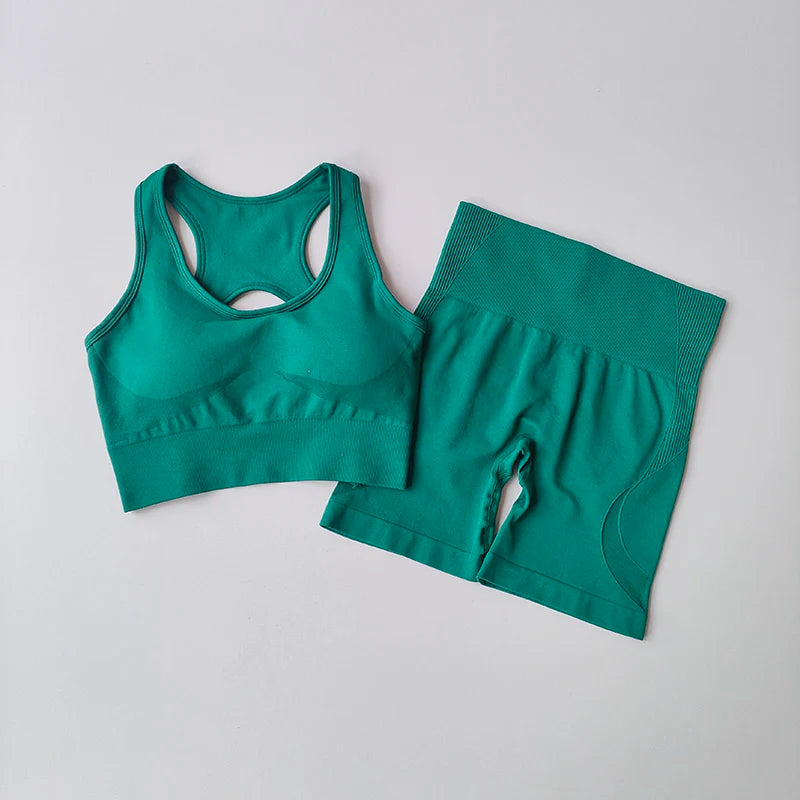 Completo fitness donna seamless – set yoga 2 pezzi con reggiseno sportivo e shorts vita alta, traspirante e modellante - Campeda