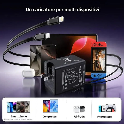 Caricatore GaN da 120W con Doppia Porta USB-C Cavo Retrattile 80cm - immagine 2