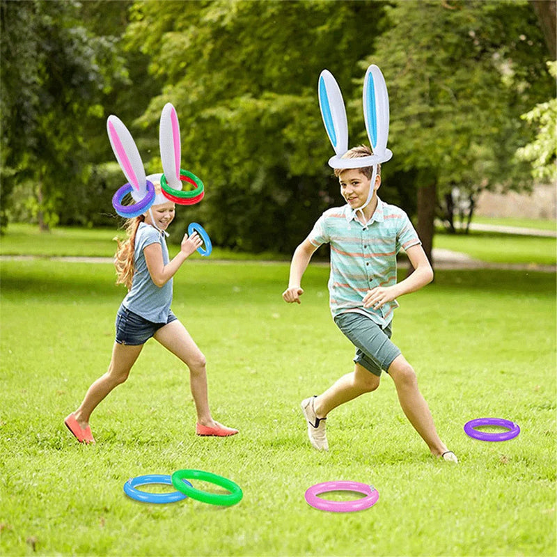 Set di Giochi Gonfiabili con Orecchie da Coniglio Pasquale, Gioco del Lancio dell'Anello per Feste in Giardino, Giochi Interattivi per Famiglia, Decorazioni Pasquali, Regalo per Bambini