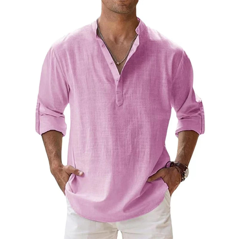 Nuove camicie da uomo in cotone e lino casual spiaggia Henley a maniche