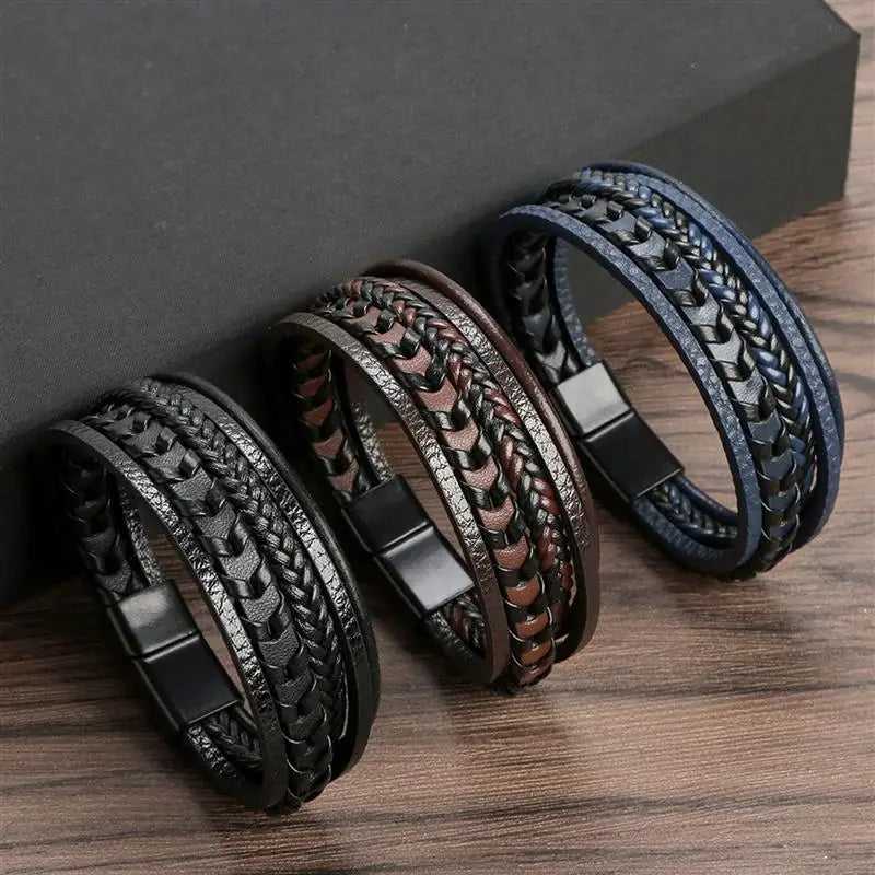 Braccialetti da uomo in pelle multistrato intrecciata con corda intrecciata alla moda Bracciale con magnete mentale punk per regali di gioielli con ciondoli per amici