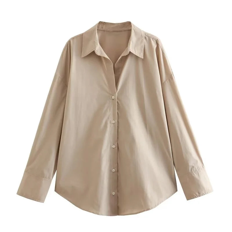 Camicia donna ETJ 2025 a righe in popeline, maniche lunghe con risvolto, vestibilità ampia stile europeo-americano, multicolore