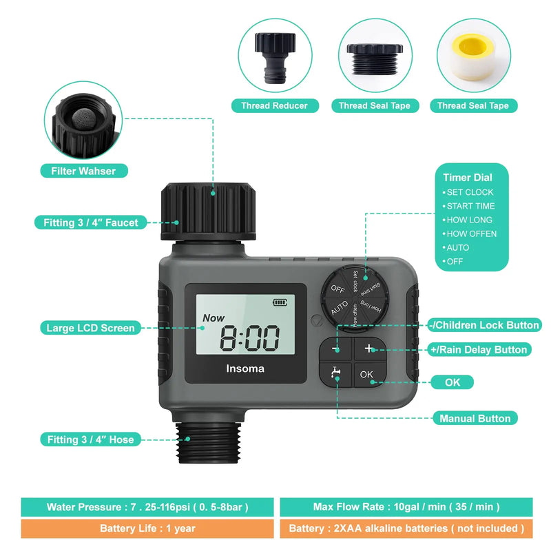 Insoma timer automatico per l'acqua sistema di irrigazione intelligente timer per irrigazione attrezzatura per programmatore da giardino display LCD IPX7