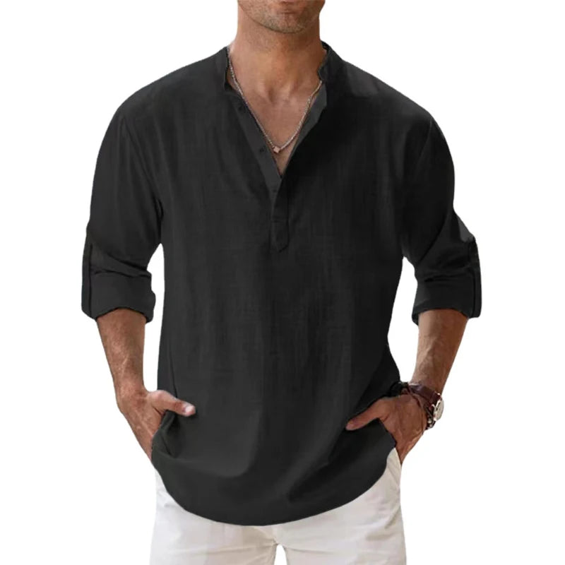 Nuove camicie da uomo in cotone e lino casual spiaggia Henley a maniche