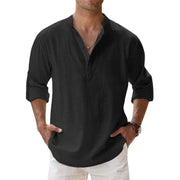 Nuove camicie da uomo in cotone e lino casual spiaggia Henley a maniche - Black S - immagine 17