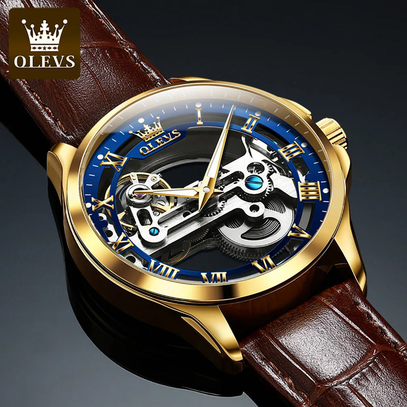 Orologio OLEVS Automatico Uomo – Scheletro Lusso con Cinturino in Pelle e Scatola Regalo