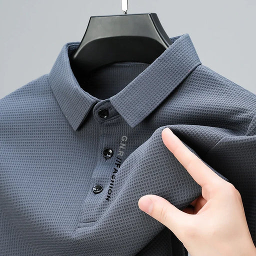 Polo da uomo a maniche lunghe Waffle – casual con risvolto, stampa lettere, anti-retrazione, quattro stagioni - Campeda