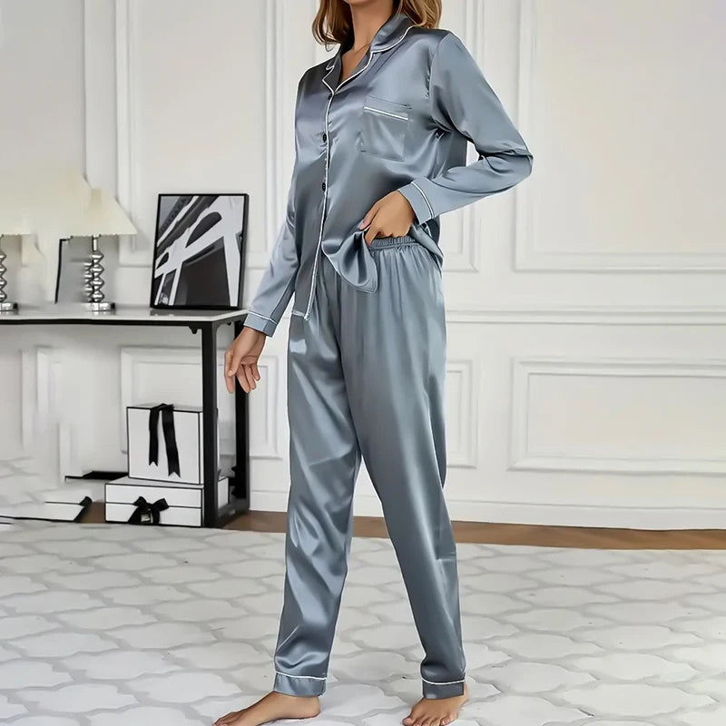 Indumenti da notte donna Pigiama semplice in raso Set Bottoni a maniche lunghe - immagine 5