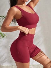 Set da yoga a costine senza cuciture allenamento per donna 2 pezzi Tute - immagine 4
