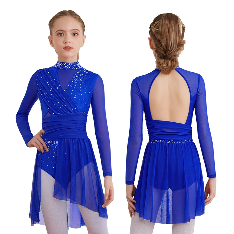 Vestito Danza Lirica Bambina con Strass – Body Balletto Elegante con Rete e Spacco Laterale