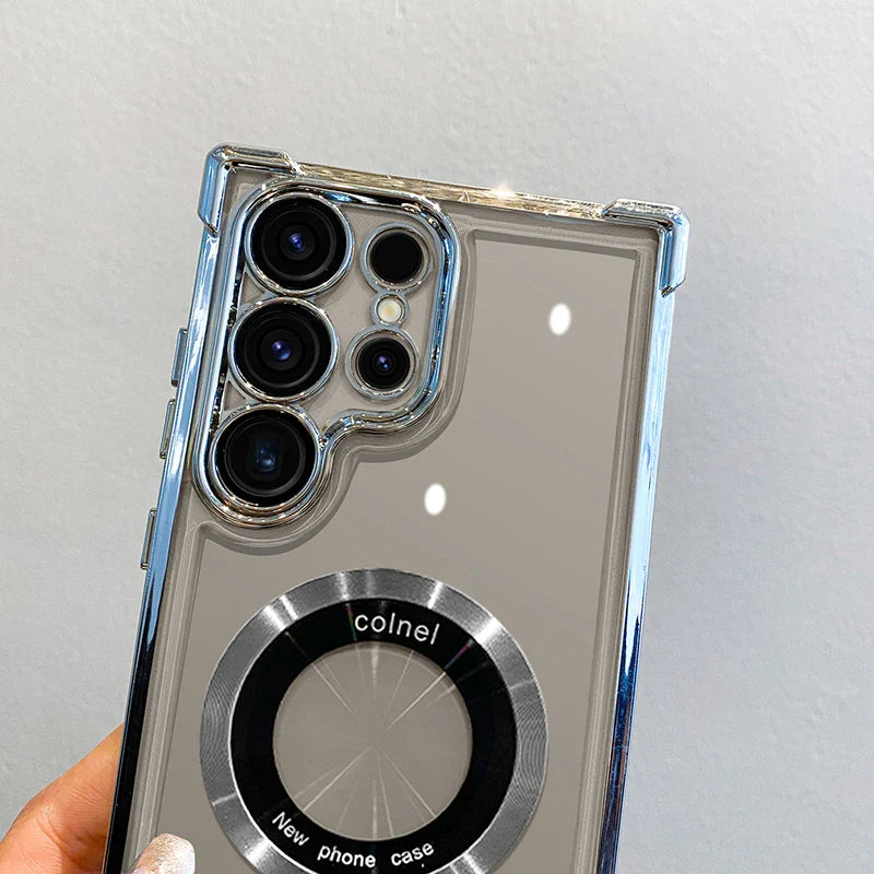 Custodia di ricarica wireless magnetica placcatura di lusso per Samsung S25 S24 Ultra S23 FE S22 Plus S21 Nota 20 Cover protettiva per lenti trasparenti