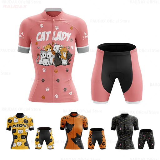 Set Maglia Ciclismo Donna Gatto Cartone Animato Divertente Estivo Abbigliamento Bici