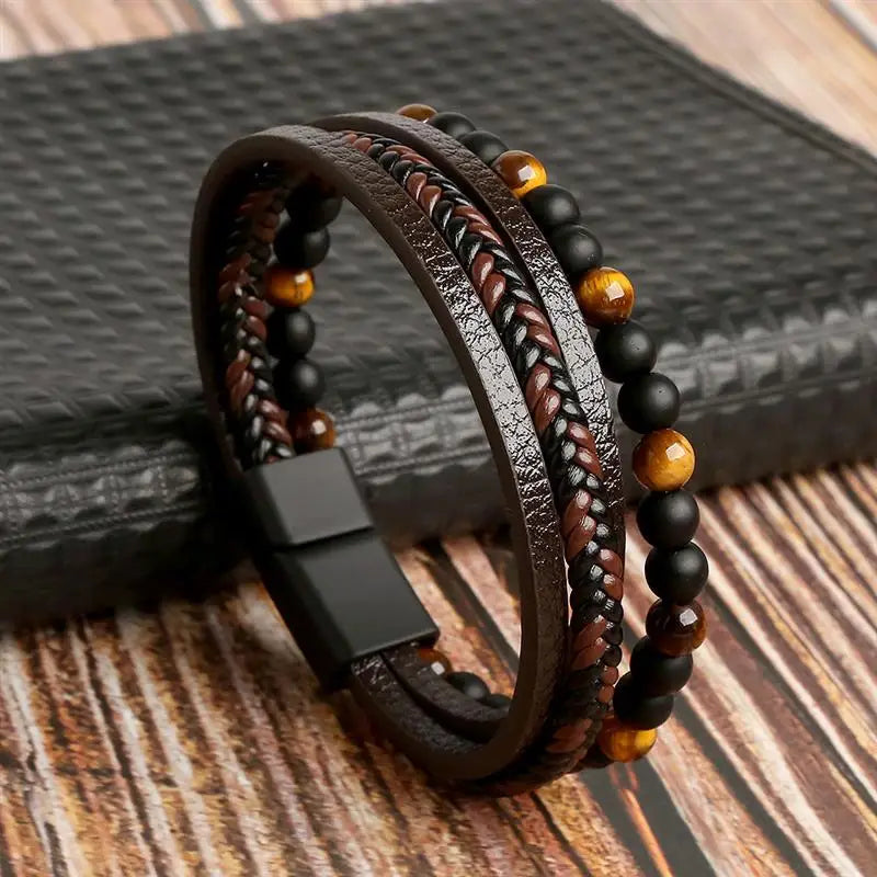 Braccialetti da uomo in pelle multistrato intrecciata con corda intrecciata alla moda Bracciale con magnete mentale punk per regali di gioielli con ciondoli per amici