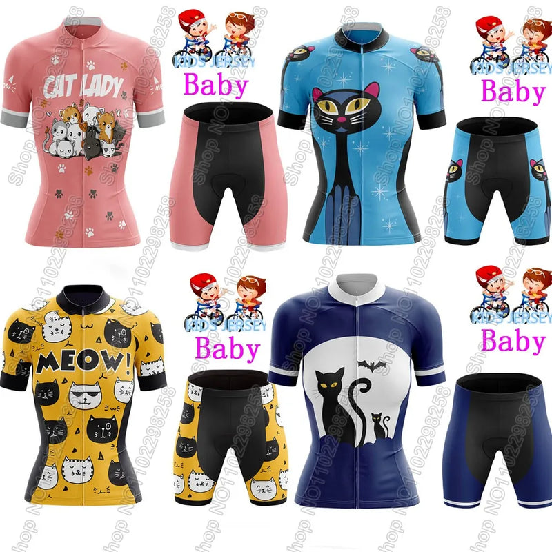 Maglia da ciclismo per bambini divertente cartone animato gatto Set estate manica