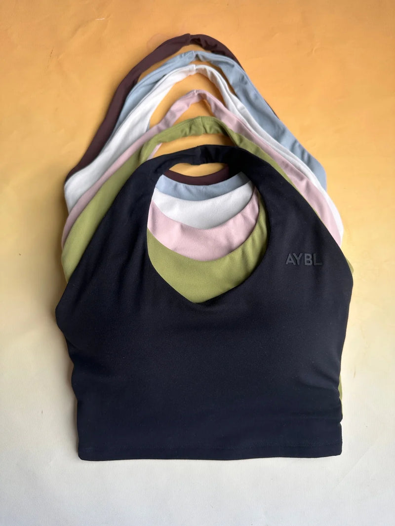 AYBL Top da yoga con scollo all'americana e pantaloncini da 2 pollici per fitness, palestra e allenamento Pilates — Tessuto delicato sulla pelle