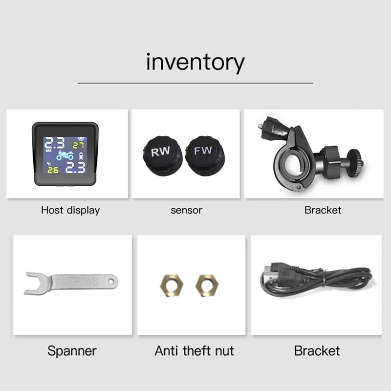 Sensori di pressione dei pneumatici ricarica solare LCD moto TPMS pressione dei pneumatici sistema di allarme per il monitoraggio della temperatura dei pneumatici con 2 sensori
