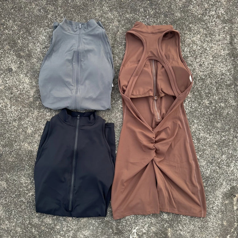 Pantaloncini da yoga attillati in vita con scrunch tinta unita Set donna cerniera - immagine 2