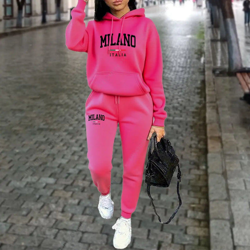 Tuta donna MILANO – set felpa con cappuccio e pantaloni jogging streetwear primavera, autunno inverno - Campeda