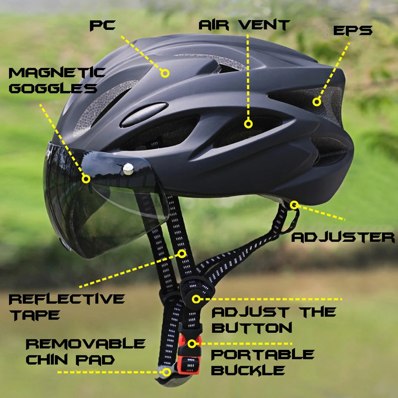 Casco Ciclismo PJT con Occhiali Magnetici – MTB e Strada Ultraleggero con Visiera Rimovibile