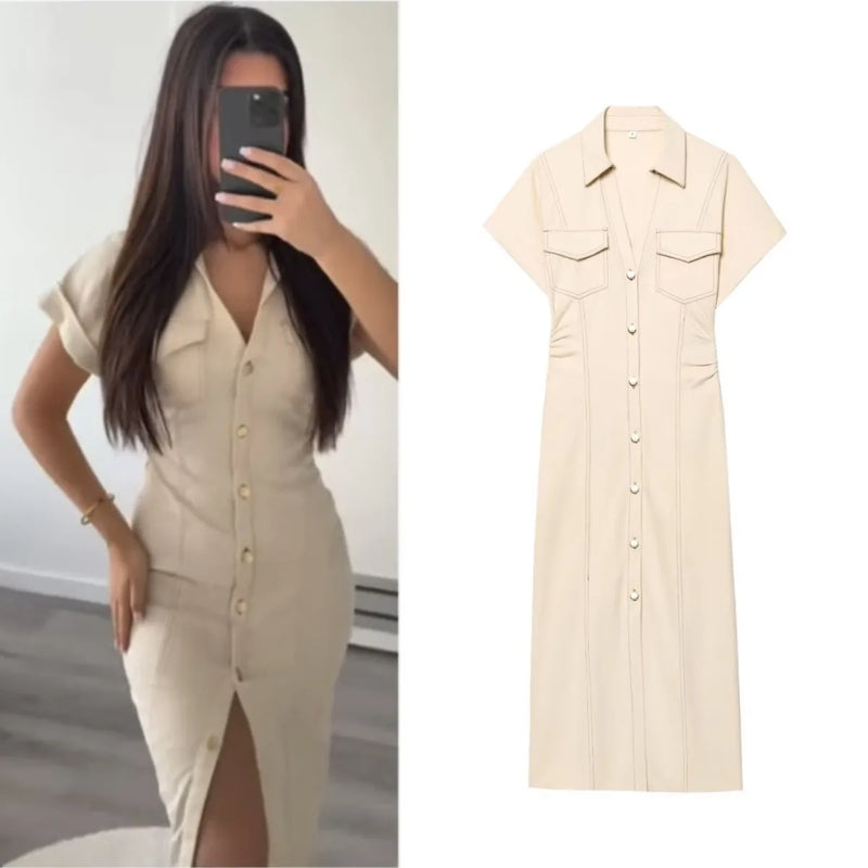Abito midi denim donna ETJ 2025, vestito elegante con risvolto e cerniera laterale, vita slim antirughe stile primavera - Campeda