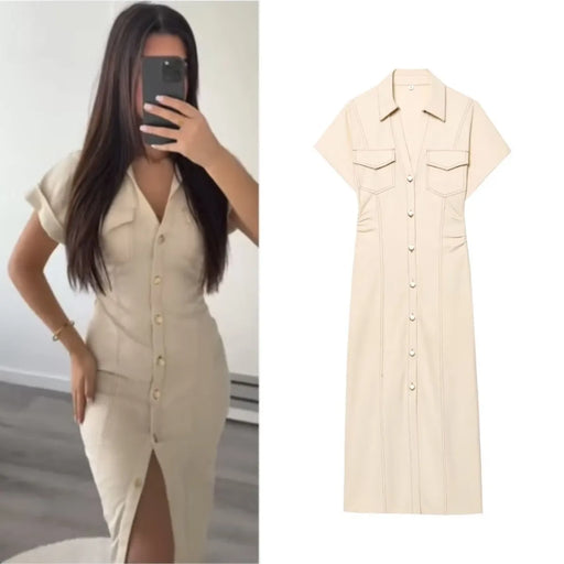 Abito midi denim donna ETJ 2025, vestito elegante con risvolto e cerniera laterale, vita slim antirughe stile primavera - Campeda