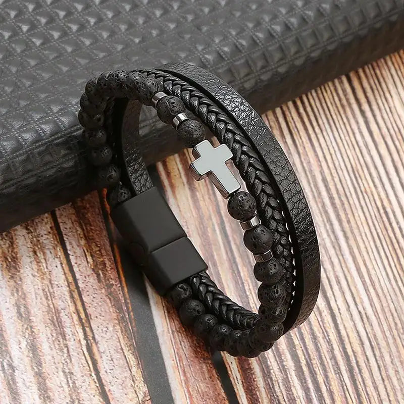Braccialetti da uomo in pelle multistrato intrecciata con corda intrecciata alla moda Bracciale con magnete mentale punk per regali di gioielli con ciondoli per amici