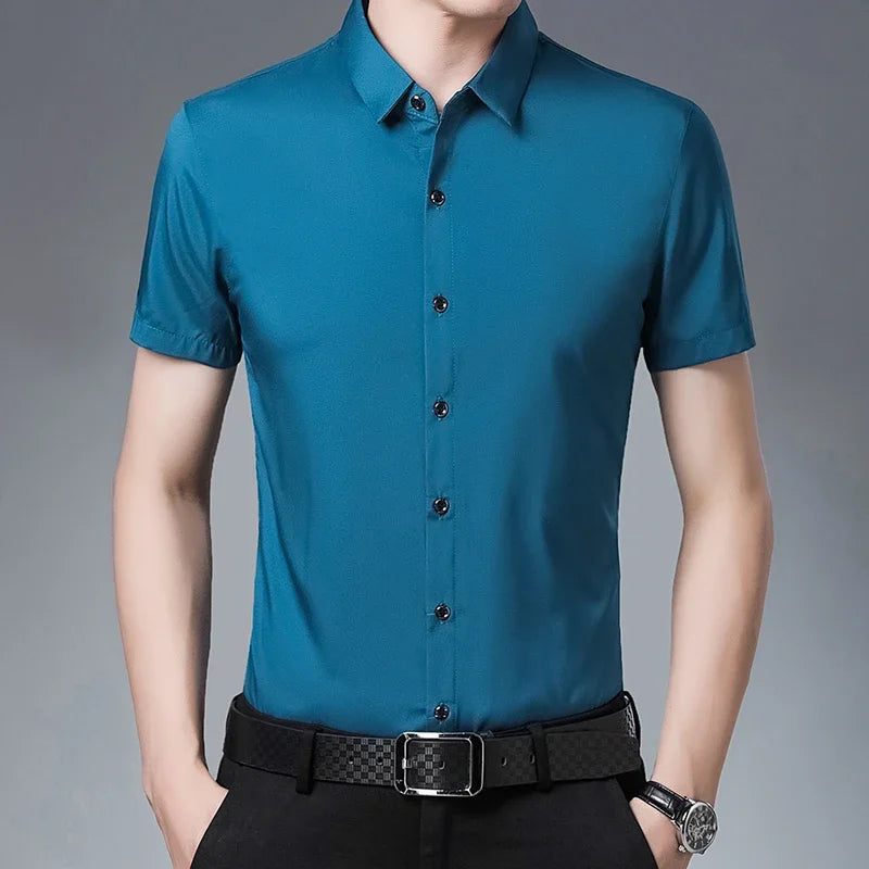 Camicia uomo a maniche corte tinta unita – casual da lavoro, smart casual, senza stiratura, estate