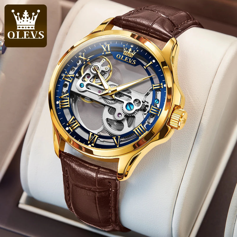 Orologio OLEVS Automatico Uomo – Scheletro Lusso con Cinturino in Pelle e Scatola Regalo