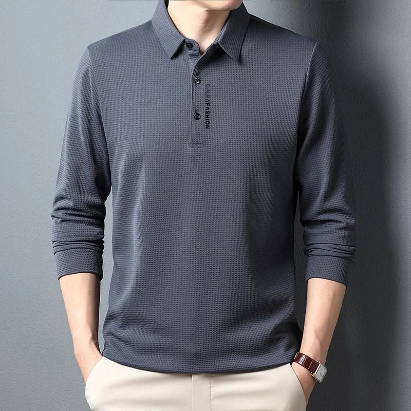 Polo da uomo a maniche lunghe Waffle – casual con risvolto, stampa lettere, anti-retrazione, quattro stagioni - Campeda