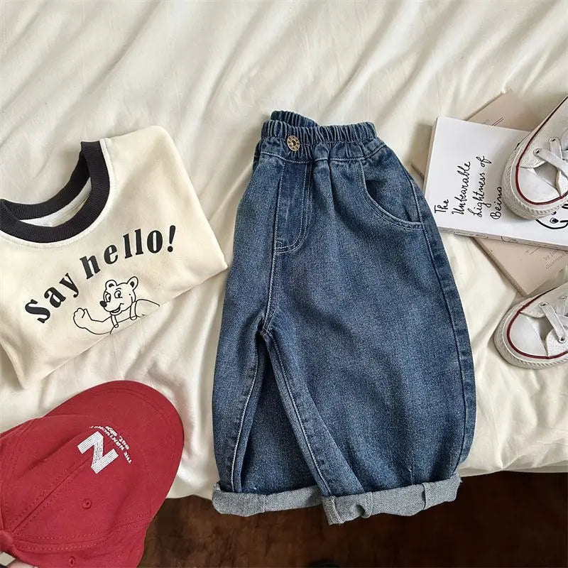 Autunno Bambini Pantaloni in denim Jeans larghi per ragazzi e ragazze Casual Trendy - immagine 3