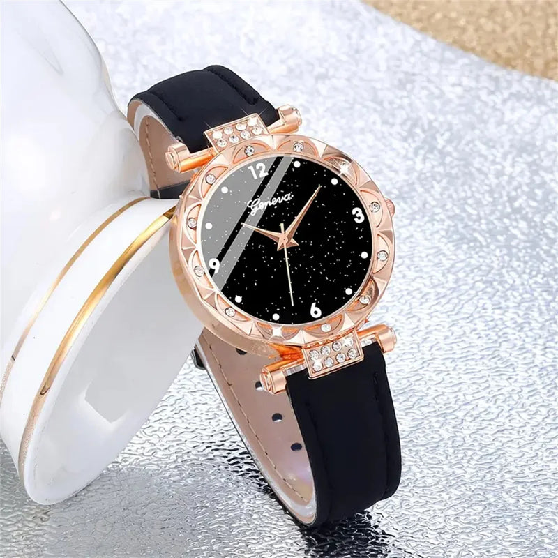 Set Donna 5 Pezzi con Orologio e Bracciali – Elegante con Strass, Perfetto Regalo - Campeda