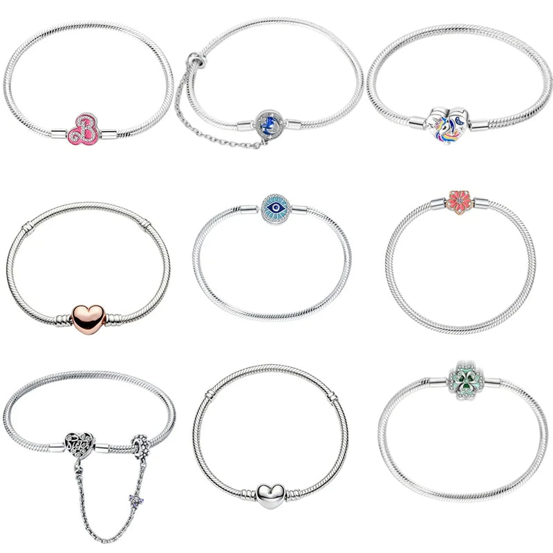 Bracciali in Argento Sterling 925 con Chiusura a Cuore e Catena Serpente