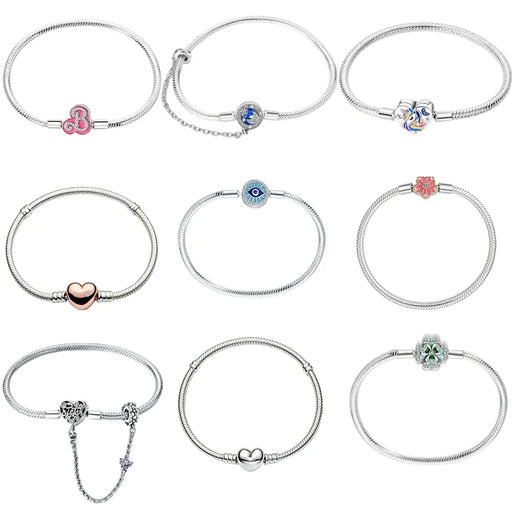 Bracciali in Argento Sterling 925 con Chiusura a Cuore e Catena Serpente