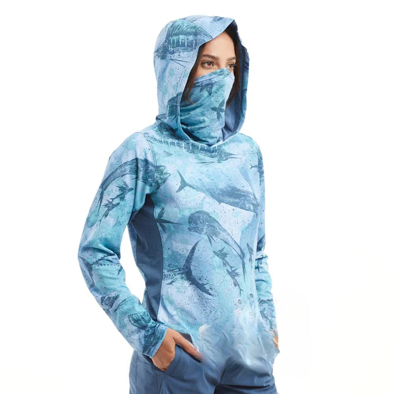 T-shirt da pesca Manica lunga donna Protezione UV Felpe con cappuccio Maschera - immagine 2